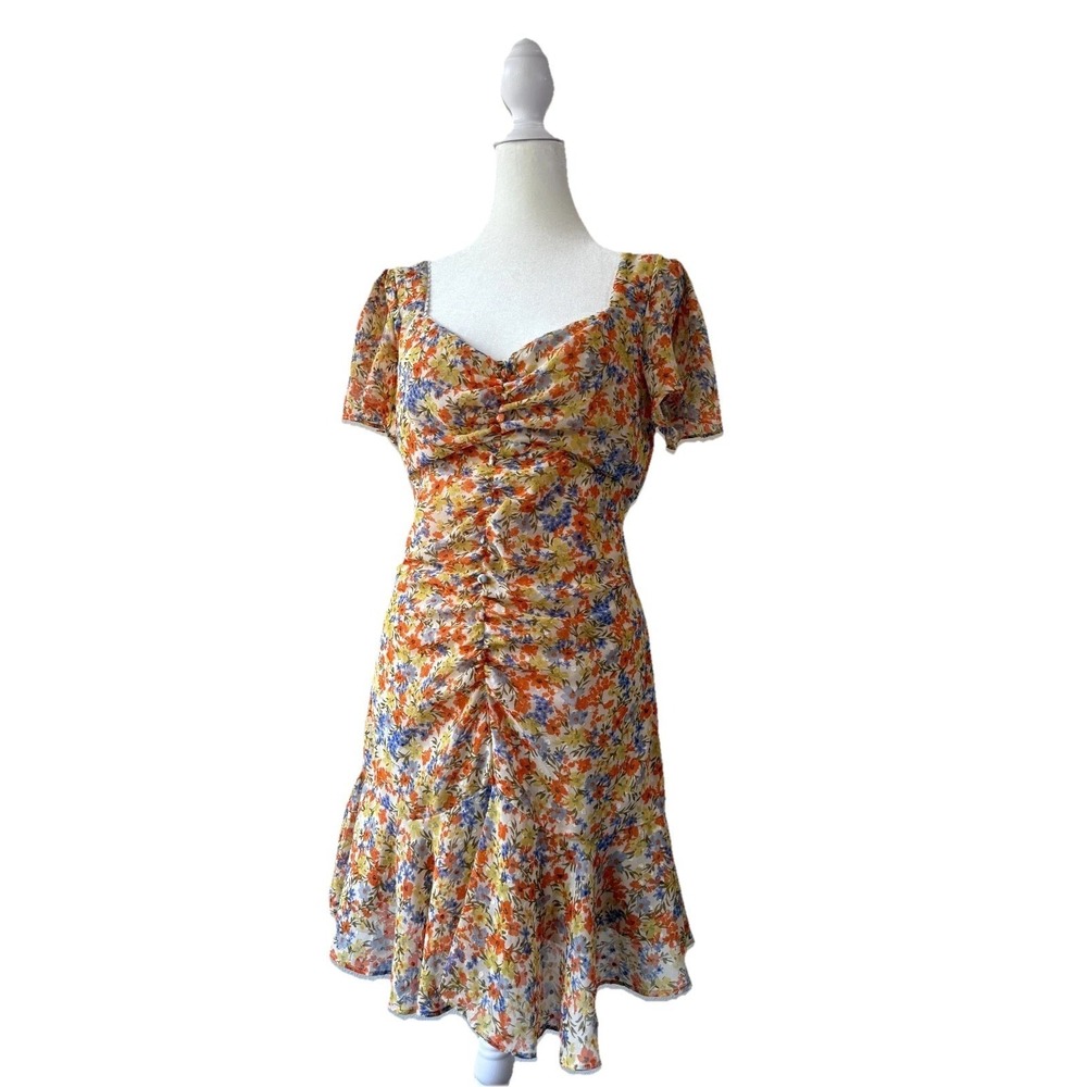 ASTR The Label Mini Dress Womens Medium Multi Floral Ruched Cottagecore Romantic